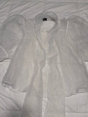 Sheer White Puff-Sleeve Tie-Neck Blouse